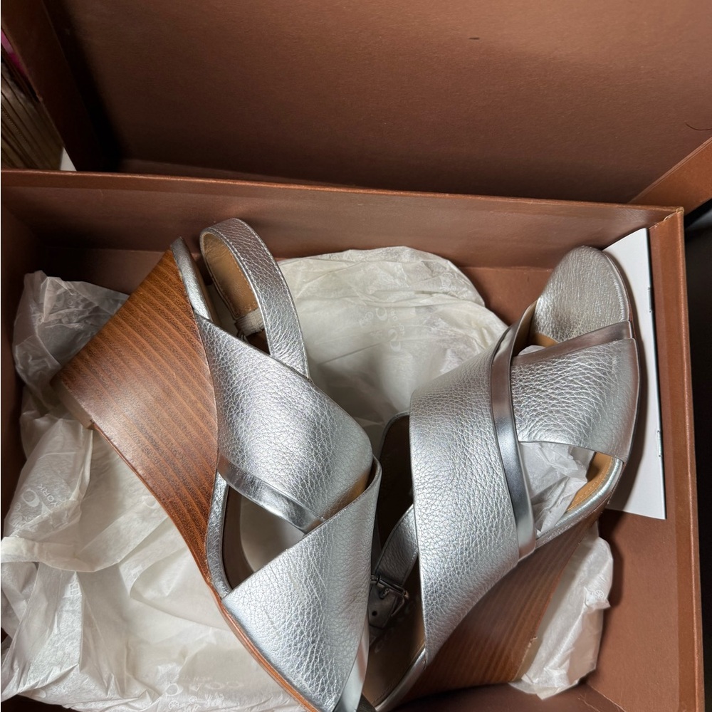 Coach Silver Leather Wedge Sandals with Wood-Tone Heel